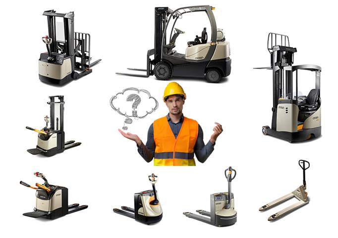 Grafika prezentująca różne rodzaje wózków podnośnikowych Crown